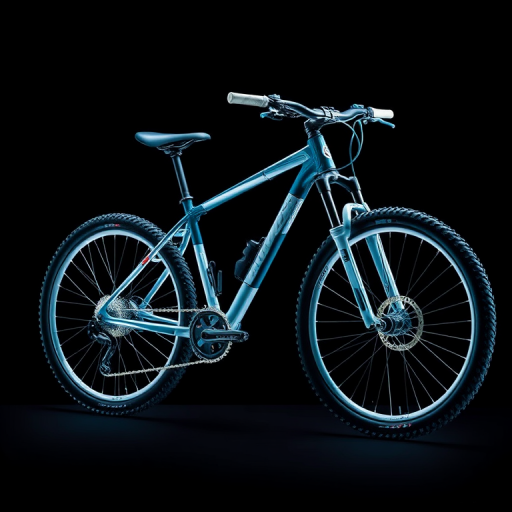 Create a high-resolution image of a mountain bike in an x-ray style on a black background, using a Canon EOS 5D Mark IV with a 24-70mm f/2.8 lens, exposure time of 1/125 sec, ISO 100, f-stop at f/8, shot from a low angle to emphasize the bike's structure and details.