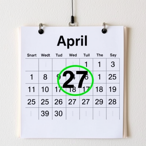 Create an image of a wall calendar showing the month of April, with the date 27 circled in green, shot with a Canon EOS 90D, 50mm lens, f/2.8 aperture, ISO 100, natural lighting, slight top-down angle for clarity.