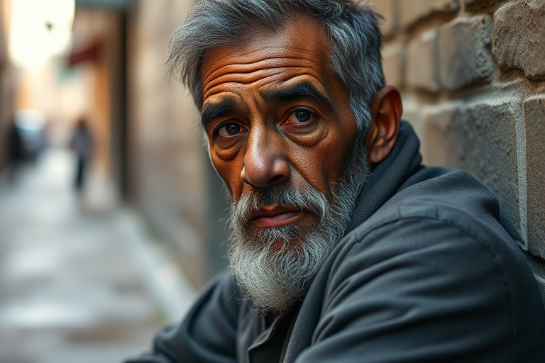 Portrait of a homeless man sitting in an alley, detailed facial features, natural lighting, shallow depth of field, 85mm lens, f/1.8 aperture, ISO 200, soft bokeh background, captured with a full-frame DSLR.