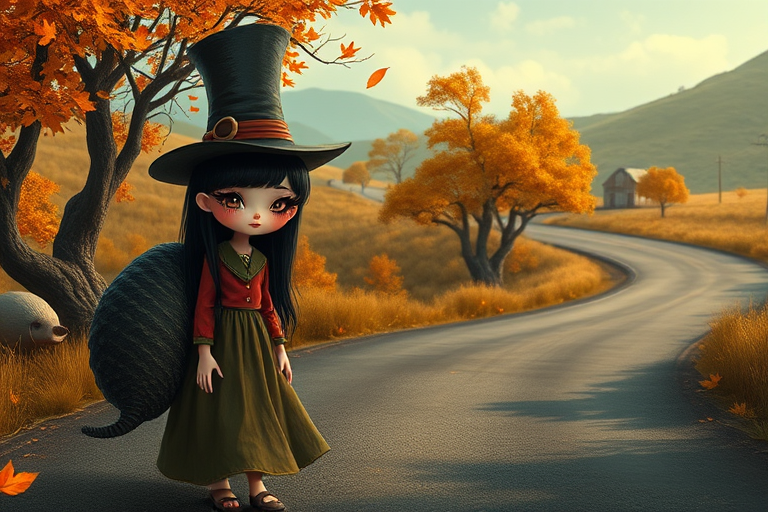 digital art fantasy depicting a strange girl with black hair, long eyelashes, orange lipstick and a tall hat walking along a winding road on an autumn afternoon, an armadillo smiles as he passes