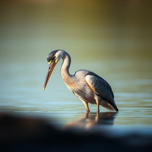 create a detailed illustration of a water bird with a long neck, captured in soft natural lighting, using a Canon EOS 5D Mark IV, aperture f/4, shutter speed 1/200s, ISO 100, from a low angle to emphasize the bird's features and reflection on water, with a focus on a smooth and serene background.