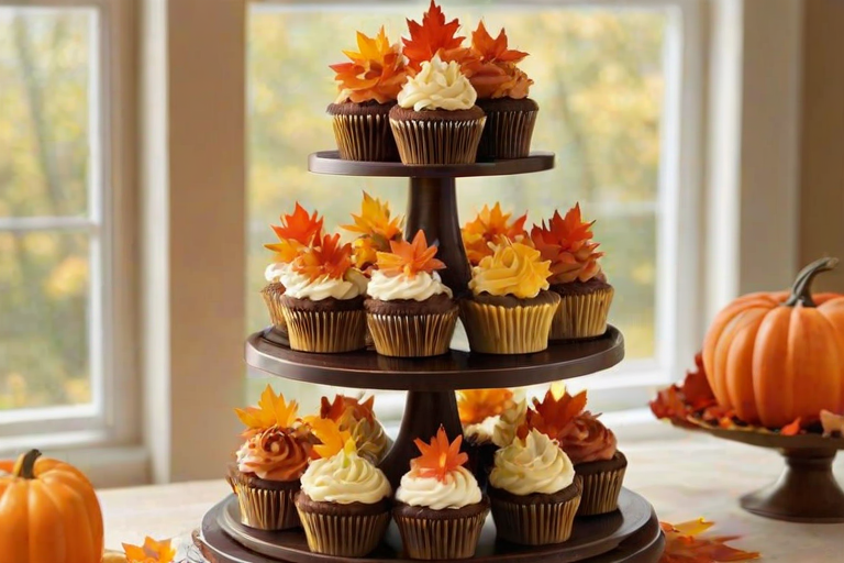 Create an image of a tiered cupcake display featuring various cupcakes decorated in autumn colors. Include shades of orange, brown, and cream, with each cupcake topped with swirls of frosting. Add realistic autumn leaves for decoration, and place the display in a warm, inviting setting with natural light filtering in through a window.