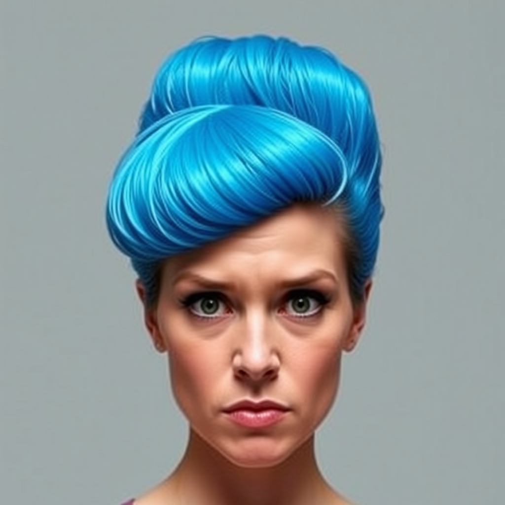Image of a woman with their hair styled upright,  in a cylinder shape. The hair  color is neon blue and appears to be held in place by a hair product, giving it a fluffy texture. The background is nondescript, and the person's face is looking at the viewer nervously.