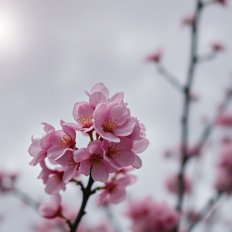 Close-up of blossoming pink flowers on a tree branch against a cloudy sky, using a DSLR camera with a 50mm lens, aperture f/2.8, ISO 100, natural light, shallow depth of field for enhanced detail and vibrant colors.