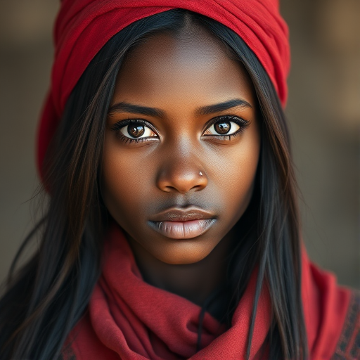 Create a portrait of a young Zulu woman with long, dark hair and captivating hazel eyes. She is wearing a red headscarf and a matching scarf draped gracefully around her neck. The background is softly blurred, focusing attention on her serene and natural expression. The overall color palette is muted and warm, enhancing the intimate and authentic feel of the portrait.