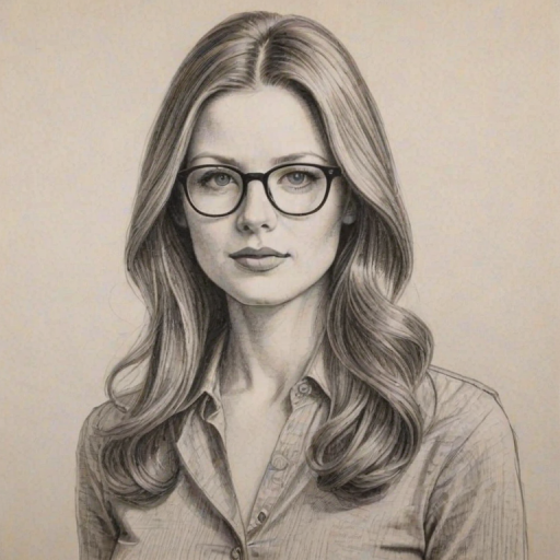 Splendid Rachel Nichols, pencil sketch, portrait of Charming woman 1976s in glasses, hair style beatnik, outline, clear lines, fine lines, 8k