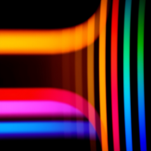 Create an abstract image of colorful vertical stripes in a gradient of red, orange, yellow, green, blue, and purple on a black background, using a DSLR camera with a focal length of 35mm, aperture set to f/8, ISO 100, and a soft-focus effect to enhance image quality.
