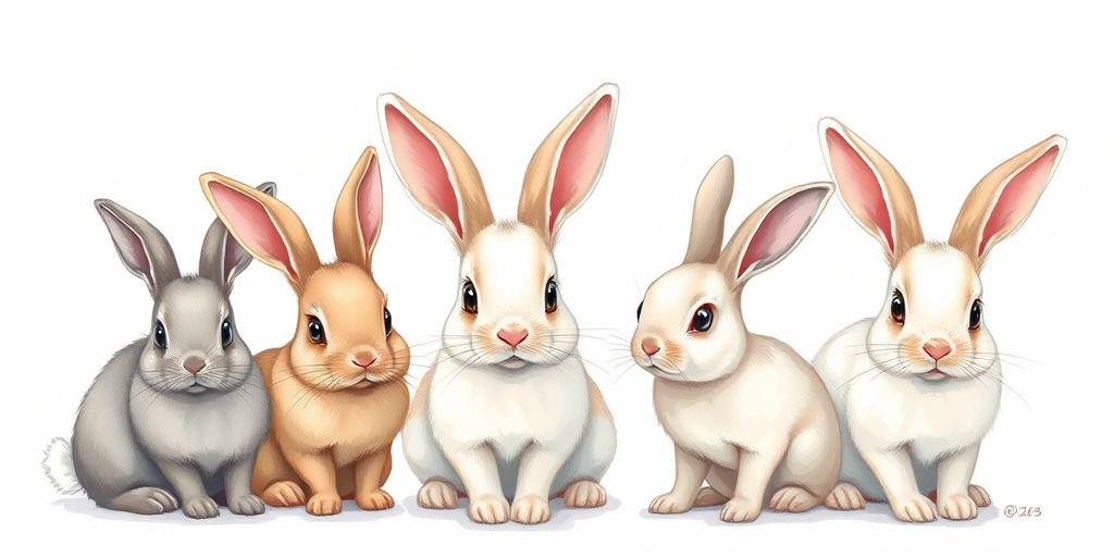 Create a detailed illustration of four rabbits in different poses, capturing their characteristics and cuteness, using a high-resolution digital drawing style, 300 DPI, top-down view, with soft natural lighting to enhance details.