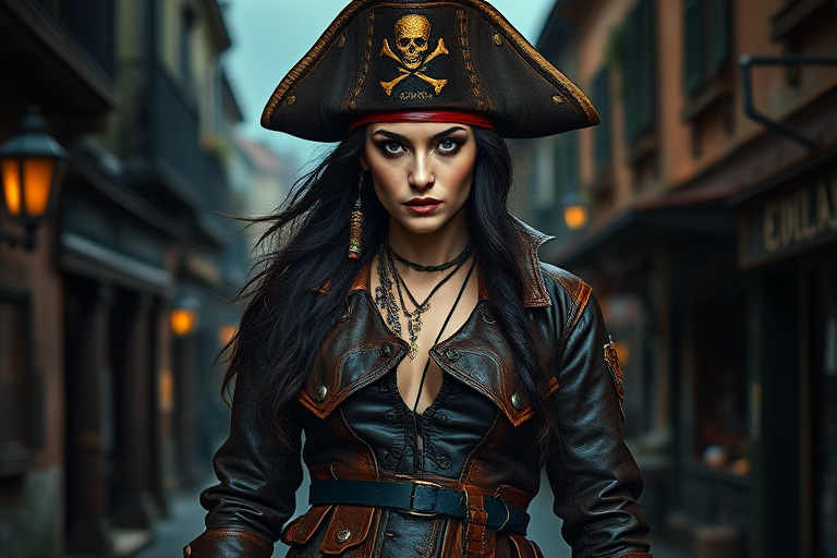 Create a portrait of a fierce female pirate. She wears a leather tricorn hat adorned with a skull and crossbones emblem, and her long, dark hair flows around her face. Her outfit consists of a richly detailed leather jacket, a corset, and multiple layers of belts and accessories, giving her a formidable and stylish appearance. She stands confidently in a dimly lit, historic port town, with a backdrop of weathered buildings and cobblestone streets, capturing the adventurous spirit of a pirate.