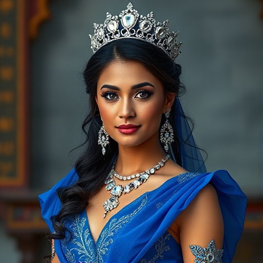 A gorgeous Bhutanese woman in a luxurious blue gown, accessorized with a dazzling tiara and statement earrings, her deep green eyes highlighted by impeccable makeup, poised in a royal setting, photorealistic, 8K quality