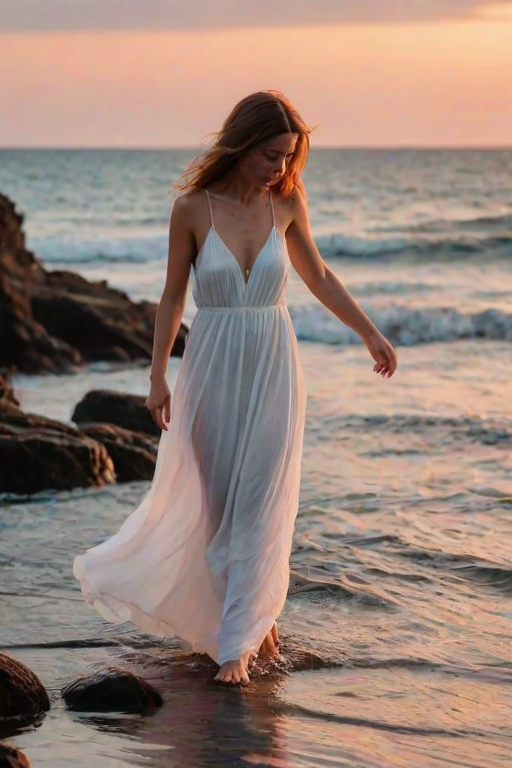 Soft-focus image of a woman in a flowing white dress standing barefoot on a rocky shoreline at sunset, soft waves crashing against the rocks, with pink and orange hues reflecting off the water.