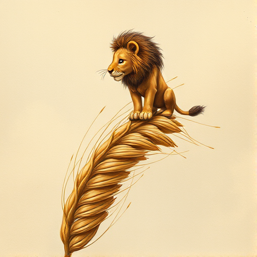 Soft, muted Alcohol Ink with ebru effect background image of tiny whimsical lion, who climbed high on the top of a golden rye ear.
