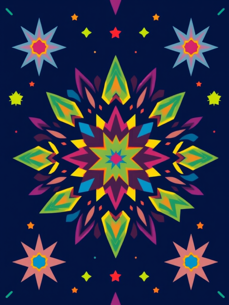 create a vibrant pattern design featuring stars, colorful geometric shapes, and abstract elements on a deep navy background, high resolution, camera settings: f/2.8, 1/200s, ISO 100, wide-angle view, digital art style, DSLR camera type