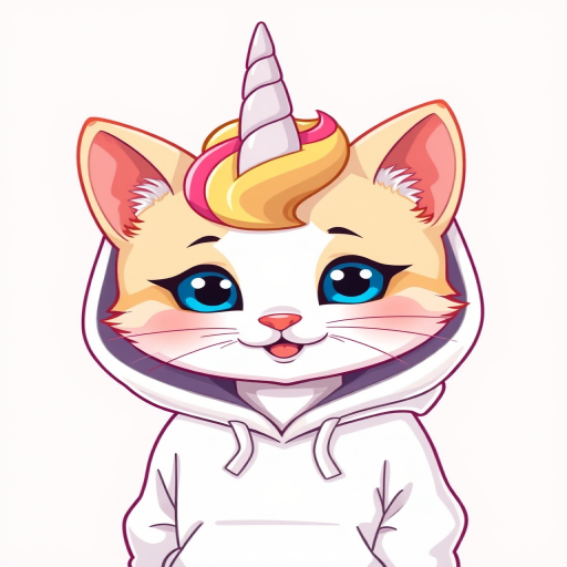 Create a cute cartoon illustration of a kitten with a unicorn horn wearing a white hoodie, use a bright color palette, feature soft outlines and a cheerful expression, taken with a Canon EOS R6, 50mm f/1.8 lens, aperture f/2.8, ISO 100, and vibrant lighting.