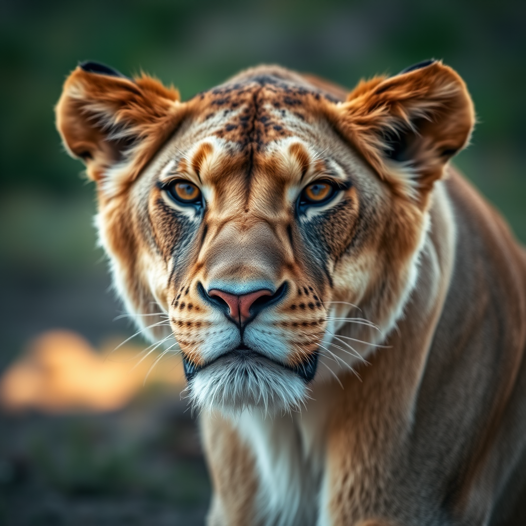 regenerate a close-up image of a lioness with sharp focus, using a DSLR camera, 85mm lens, f/1.8 aperture, ISO 200, natural light, shallow depth of field to enhance details and background blur.