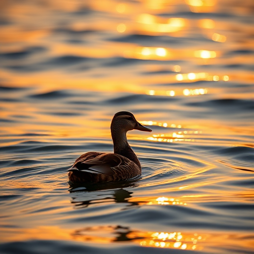 A serene view of a duck swimming in calm water at sunset, focus on the soft waves and warm golden reflections, captured with a Canon EOS 5D Mark IV, aperture f/4, ISO 100, shutter speed 1/100 s, angled from the side to highlight the duck against the shimmering water.