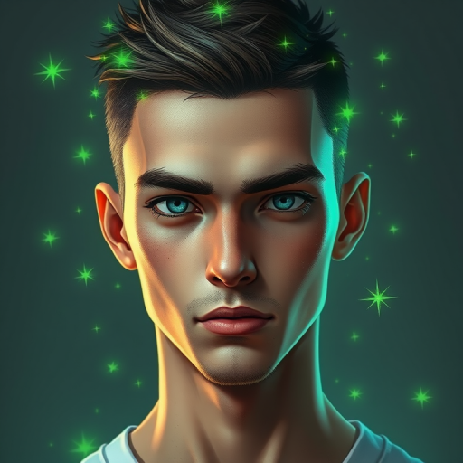 regenerate the image of a male character with a short haircut and a neutral expression, with green sparkles around the head, using a 50mm lens, f/2.8 aperture, ISO 100, studio lighting, captured in a digital art style, portrait orientation