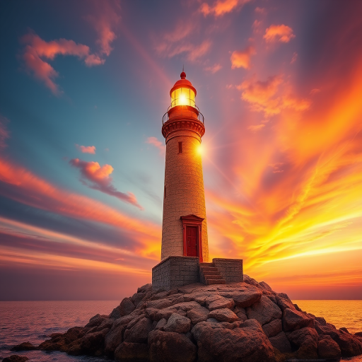 Generate an image of a tall lighthouse perched on a rocky outcrop surrounded by calm ocean waters during a breathtaking sunset. The lighthouse stands sturdy and weathered, its stone surface illuminated by the warm golden light of the setting sun. The sun's rays pass directly through the glass lantern room at the top of the lighthouse, casting a brilliant light across the scene. The sky is painted with vibrant shades of orange, pink, and purple, reflecting off the tranquil sea. The surrounding water shimmers with the same warm hues, creating a serene and majestic atmosphere.