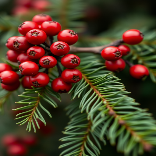 close-up of red berries on green evergreen branches, macro photography, aperture f/2.8, shutter speed 1/200s, ISO 100, 50mm lens, natural light, shallow depth of field