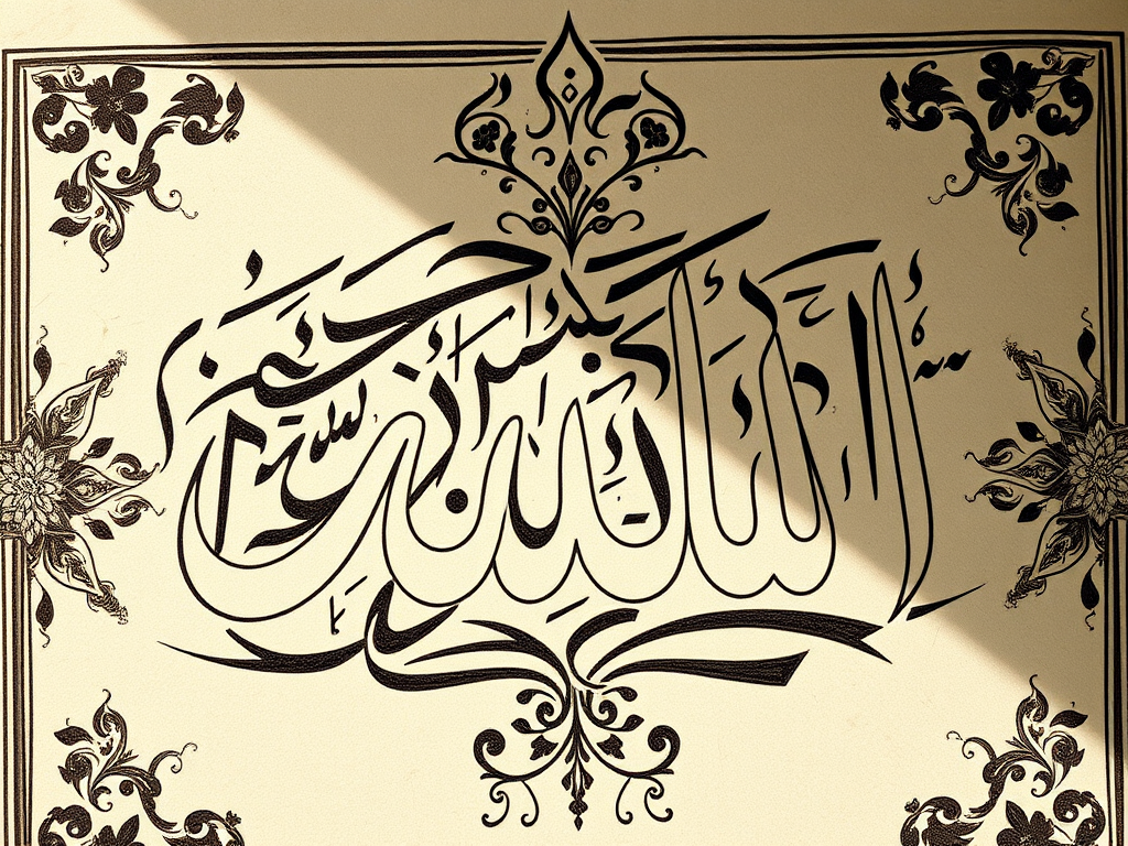 Create a high-resolution image of Arabic calligraphy featuring the word "Allah" with intricate patterns and textures, using a 50mm lens, f/1.8 aperture, 1/200s shutter speed, and shot from a top-down view in natural light on a DSLR camera.