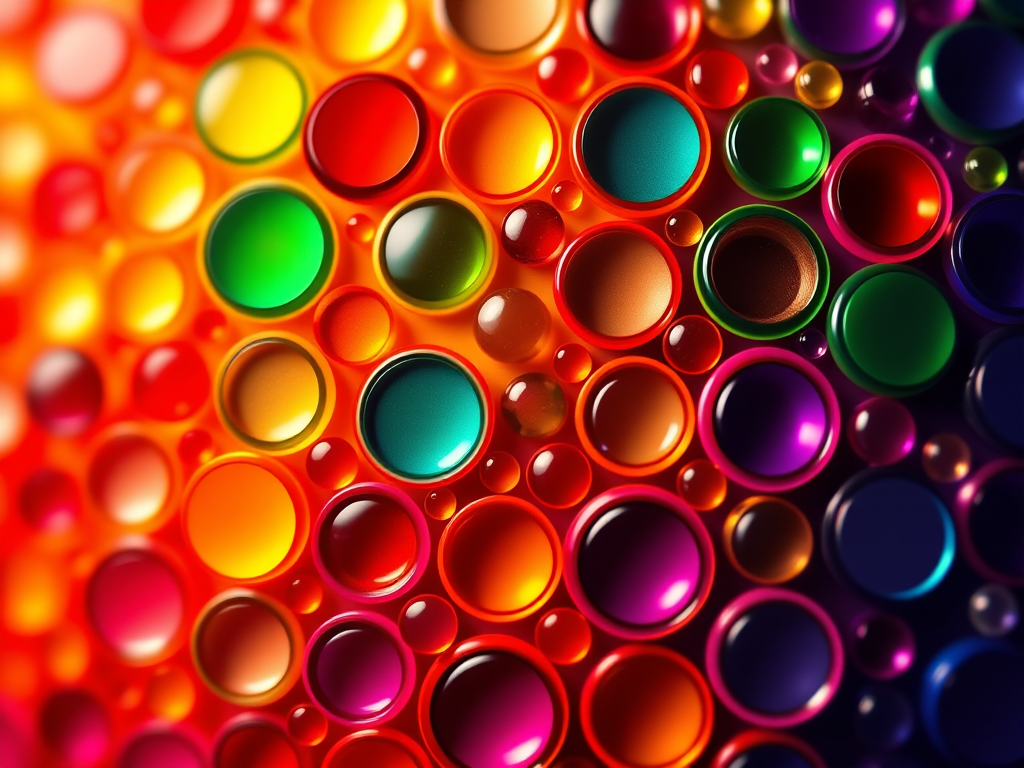 Generate a vibrant, abstract pattern featuring multicolored circles on a lively background, shot with a Canon EOS R5 at f/8, ISO 100, with a 50mm lens in macro style, using a bright and high-contrast color scheme for enhanced clarity.