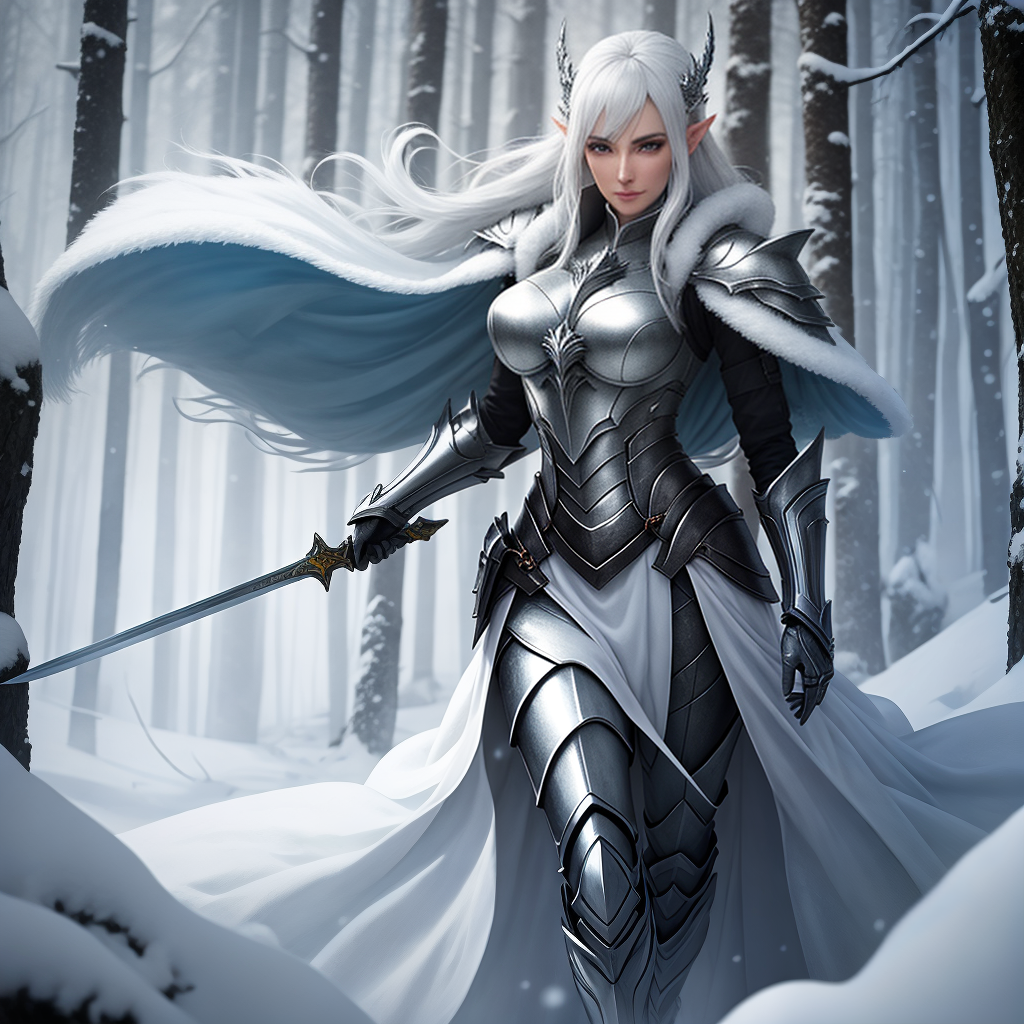 Snow elf lady with a white knight armor and an ice sword walking in a ...