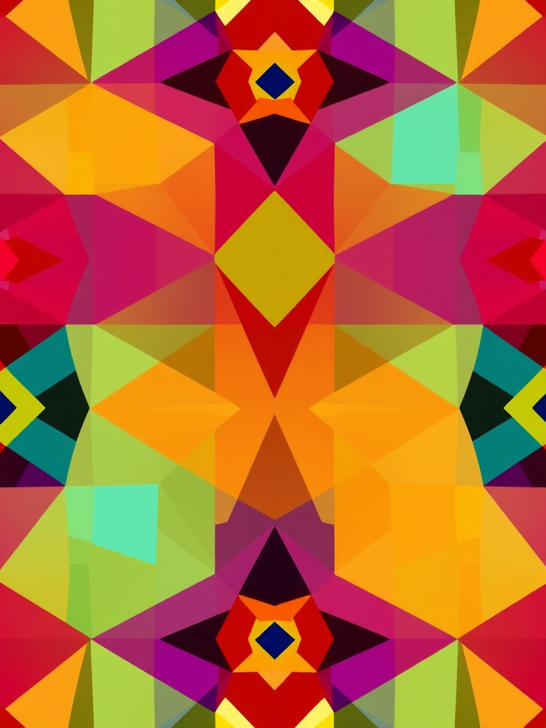 Create a high-quality vector-style image of an abstract geometric pattern with vibrant colors, using a 50mm lens at f/2.8, ISO 100, shot in natural light with a DSLR camera from a top-down view, emphasizing clarity and detail.