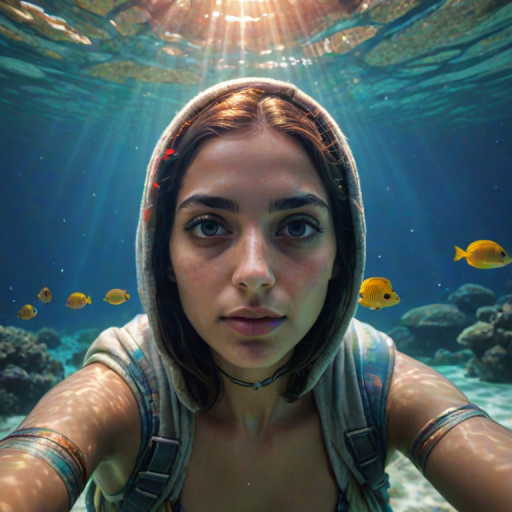 Realistic selfie image of a Coptic, wearing a vintage outfit, detailed dreamy eyes, droopy hooded eyes, staring at the camera, taken underwater at coral reef with a sunbeam filtering through the water, vibrant, summer vacation, natural lighting, turtle and school of tropical fish with vibrant colors, rendered in the style of CryEngine, Pegi Nicol MacLeod, with realistic genre scenes, hauntingly beautiful narratives, ultra-realism, and Thomas Saliot's close-up technique, 8K resolution, crystal clear and sparkling water.