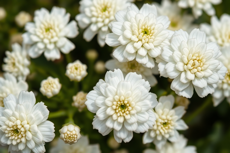 A close-up shot of an assortment of textured white flowers with varying shapes and sizes, taken with a Canon EOS R5, 50mm lens, f/1.8 aperture, ISO 100, natural lighting, shallow depth of field for enhanced detail.