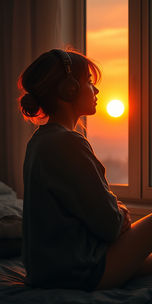 A young woman with headphones sitting by a window, gazing at a sunset, soft warm lighting, cozy bedroom atmosphere, digital art style, DSLR camera, 50mm lens, f/1.8 aperture, ISO 100, 1/60s shutter speed, golden hour lighting for enhanced warmth and detail.