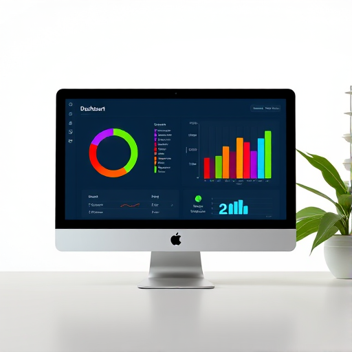 Create a high-resolution digital illustration of a computer screen displaying a colorful dashboard with a circular chart and bar graphs, using a Canon EOS R5 camera, 50mm f/1.8 lens, f/2.8 aperture, ISO 100, and soft natural lighting for clarity and detail.