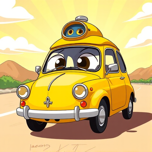 create a vibrant cartoon-style illustration of a yellow car with a whimsical design, featuring oversized eyes, a big smile, and a unique dome-shaped top, set against a sunny background, shot with a DSLR camera at f/8 aperture, 1/500s shutter speed, ISO 100, using a wide-angle lens to capture the entire vehicle in sharp detail with bright colors