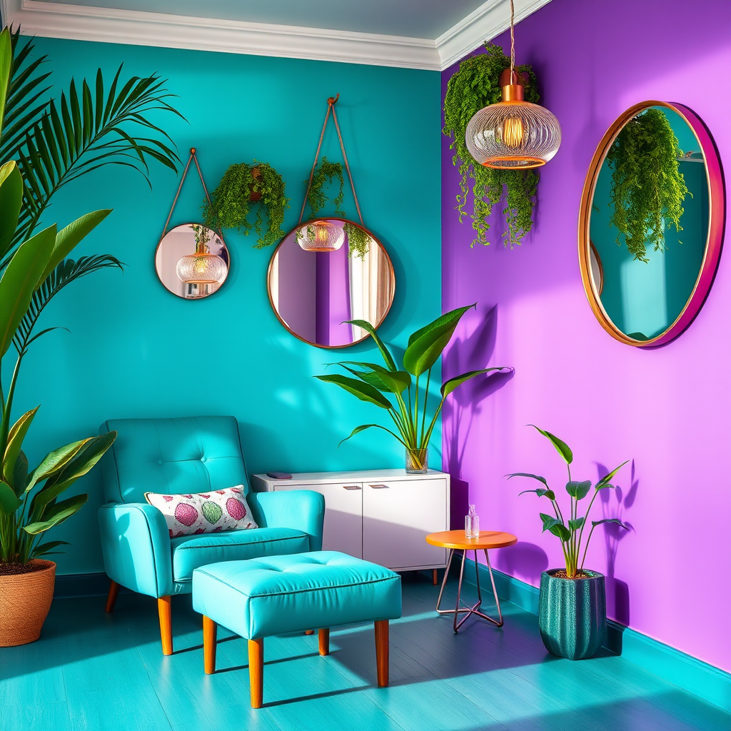 Create a cozy interior scene featuring a turquoise lounge chair with a matching ottoman, vibrant colorful walls in turquoise and purple, large round mirrors, lush green plants, and stylish pendant lights, captured with a Canon EOS R5, 24mm lens, f/1.8 aperture, ISO 200, in natural daylight for enhanced brightness and clarity.