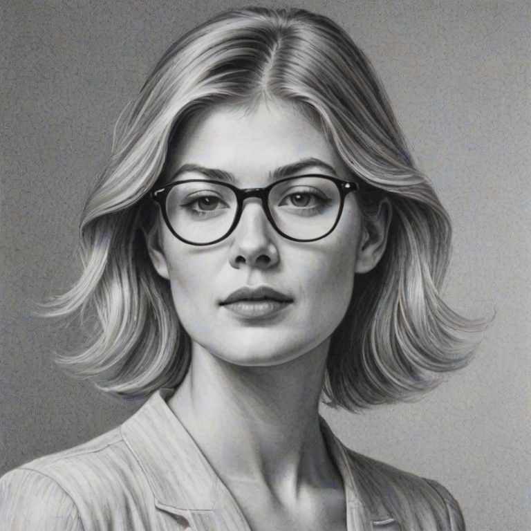 Exquisite Rosamund Pike, pencil sketch, portrait of Captivating woman 1980s in glasses, hair style beatnik, outline, clear lines, fine lines, 8k