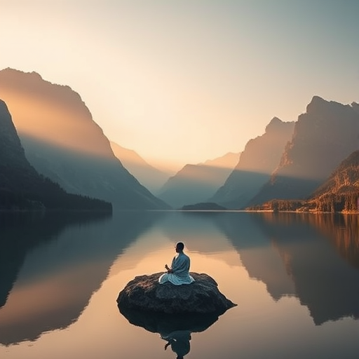 Create a serene landscape featuring a meditating figure on a small island in a calm lake surrounded by lush mountains at sunrise, with soft golden light illuminating the scene, shot with a Canon EOS R5, 24mm lens, f/2.8 aperture, ISO 100, shutter speed 1/200 sec, using a wide-angle view for depth and clarity.