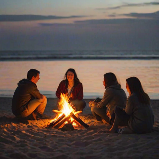 Warmly lit photo of a group of friends sitting around a bonfire on the beach at dusk, soft glow from the flames reflecting off their faces, distant waves crashing on the shore, the sound of laughter and guitar strumming filling the air.