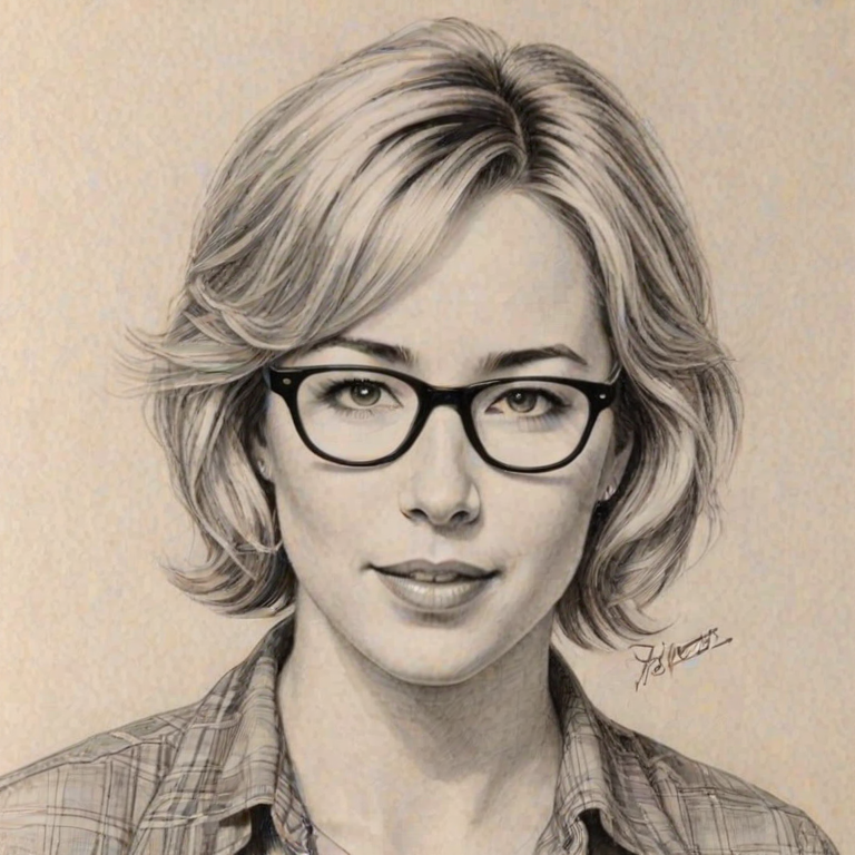 Stunning Traylor Howard, pencil sketch, portrait of Fetching woman 1979s in glasses, hair style beatnik, outline, clear lines, fine lines, 8k