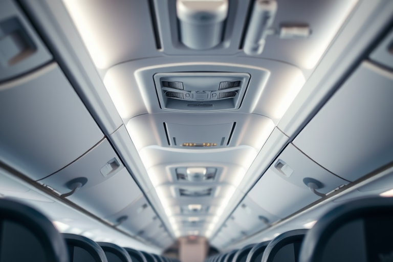 interior of an airplane cabin showing overhead compartments and soft lighting, captured with a DSLR camera, 35mm lens, f/2.8 aperture, ISO 400, 1/60 sec shutter speed, shot from a low angle to emphasize the cabin's perspective and depth