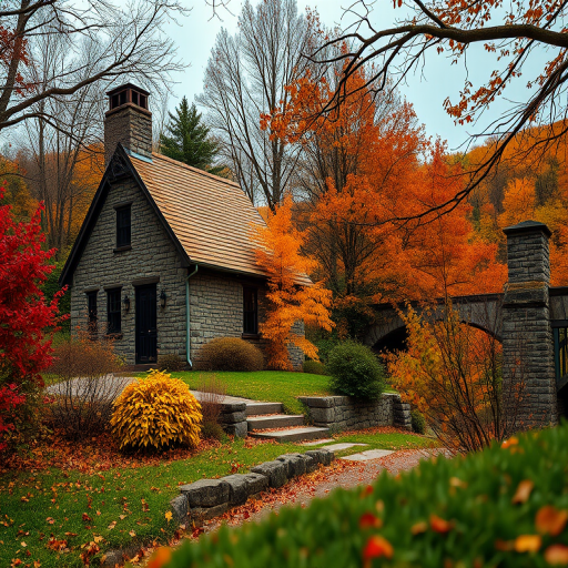 capture a serene autumn landscape featuring a stone cottage surrounded by colorful fall foliage and a bridge in the background, use a Canon EOS R5 with a 24-70mm f/2.8 lens, aperture f/8, shutter speed 1/125 sec, ISO 200, shot from a low angle to enhance depth and perspective