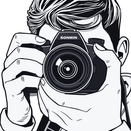 Create a high-resolution illustration of a person taking a photograph with a modern DSLR camera in a close-up view, using a 50mm lens, aperture set at f/1.8 for shallow depth of field, ISO 100, and shutter speed of 1/200s, styled in a minimalistic and clean line art format, focusing on the details of the camera and the person's pose.