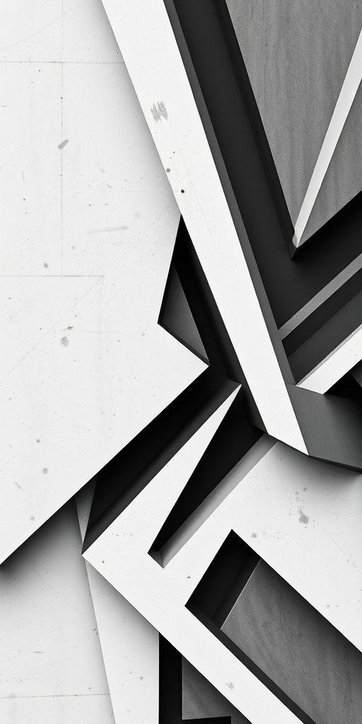 Generate a high-contrast black and white abstract design featuring geometric shapes with sharp angles, using a Canon EOS R5 camera, ISO 100, aperture f/8, shutter speed 1/250s, taken from a bird's-eye view perspective, with a clear, crisp focus to enhance detail and texture.