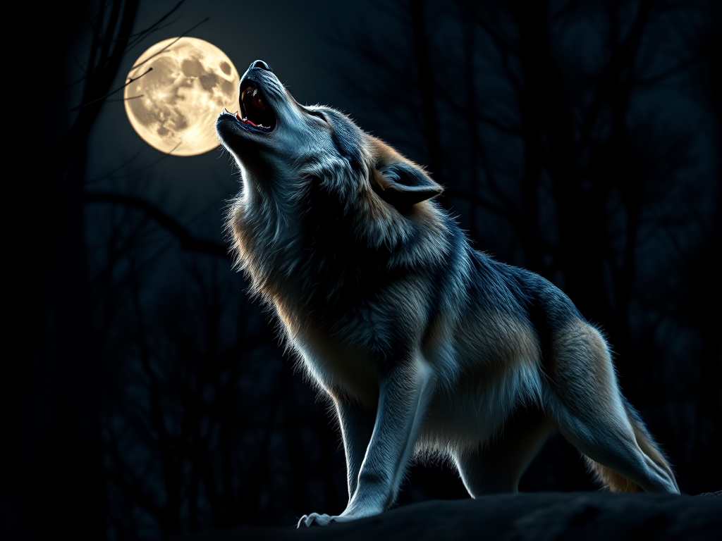 create a highly detailed image of a fierce wolf howling under a full moon in a dark forest setting, using a DSLR camera at f/1.8 aperture, ISO 100, 50mm lens, shot from a low angle to emphasize the wolf's powerful stance with studio lighting to enhance fur texture and eye brightness