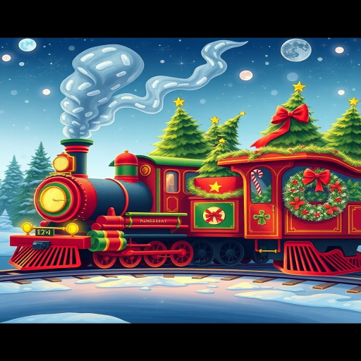 Create an illustration of a festive train with multiple cars including a steam engine, decorated with holiday motifs, transporting Christmas trees, in a bright and cheerful style, using a Canon EOS 5D Mark IV, 50mm lens, f/4 aperture, ISO 100, 1/100s shutter speed, with a vibrant color palette and detailed textures for high-quality output.