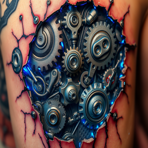 Biomechanical tattoo revealing cybernetic components beneath torn skin, metallic gears and circuits intertwined with organic matter, holographic accents in electric blue and chrome