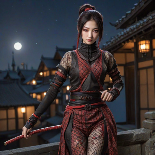 (((Cowboy shot)), (nodachi in 1hand), (((anime))), sehele style, <lora:Seunghee_Lee_Style_SDXL:0.7>, (porcelain skin:1.5), (((1woman))), (ponytail black hair:1.2), (the most beautiful red eyes:1.2), (tomboy:1.2), (((((medieval fantasy kunoichi in fullbody fishnet suit))))), purple scarf, (((ready to fight pose))), female shinobi, ninja, (((dynamic pose))), (((dynamic angle))), moonlit, 8k, 16K, trending on pixiv, fanbox, skeb, masterpiece, detailed face, smooth soft skin, beautiful intricate colored hair, digital painting, (((at night))), (((Japanese rooftops background)))
