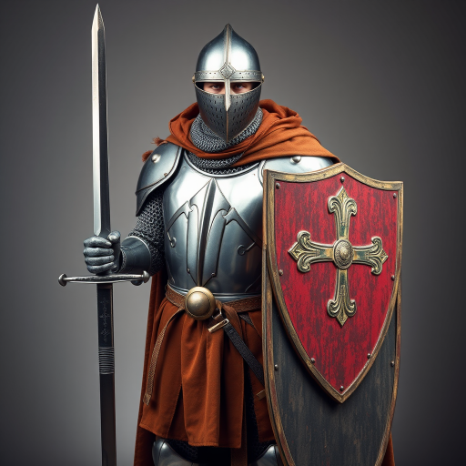 Create a highly detailed image of a medieval knight standing confidently, wearing a metal helmet, chainmail, and a brown cloak, holding a sword in one hand and a shield with a cross in the other, shot with a DSLR camera at f/2.8, ISO 100, 50mm lens, in a well-lit studio setting to enhance textures and colors.