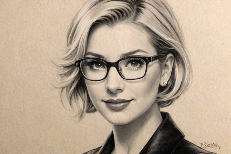 Magnificent Chelsea Kane, pencil sketch, portrait of Ravishing woman 1937s in glasses, hair style beatnik, outline, clear lines, fine lines, 8k