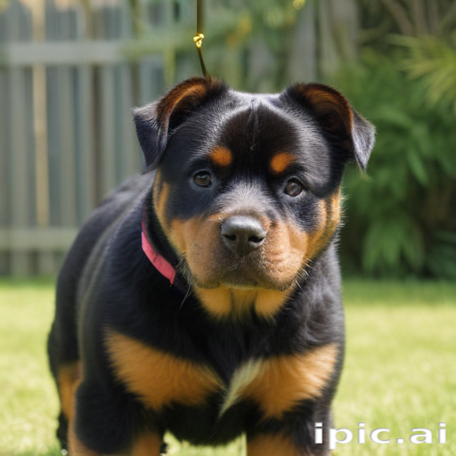 Adorable Young Rottweiler Puppy Stands in Lush Green Backyard Setting.