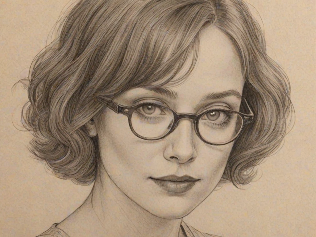 Fetching Fiona Dourif, pencil sketch, portrait of Gorgeous woman 1929s in glasses, hair style beatnik, outline, clear lines, fine lines, 8k