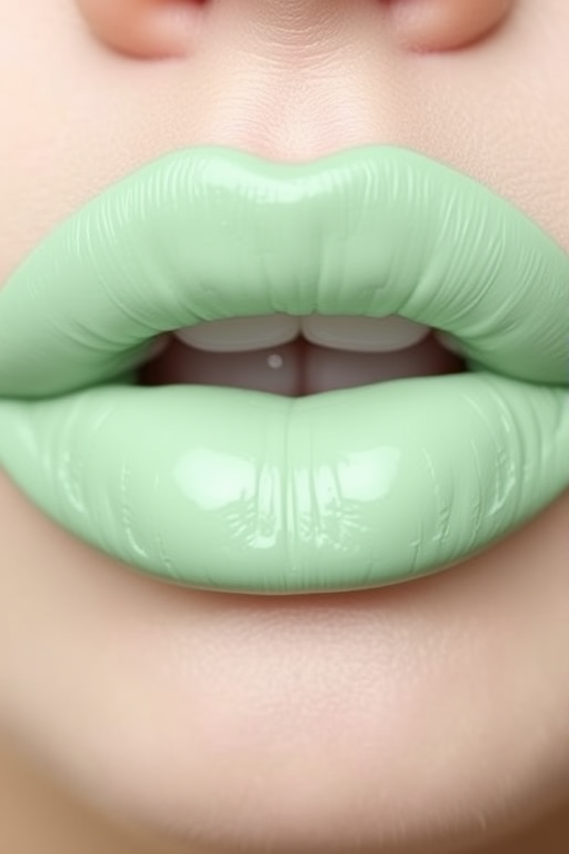 Pastel mint green lips with a creamy satin finish, "Pistachio Dream" boasts a unique and unexpected color choice with a soft, hydrated appearance